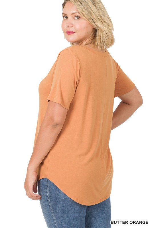 Short Sleeve V-Neck Round Hem Top - PLUS