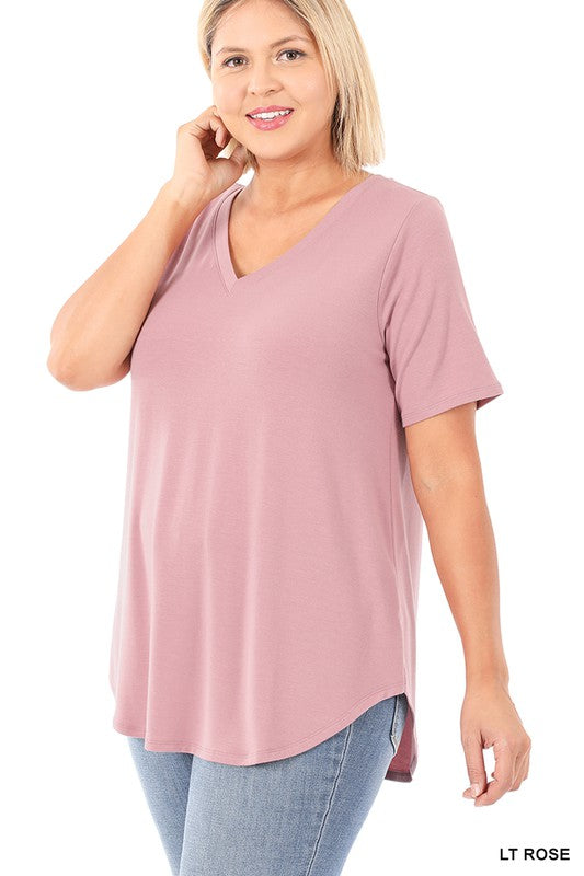 Short Sleeve V-Neck Round Hem Top - PLUS