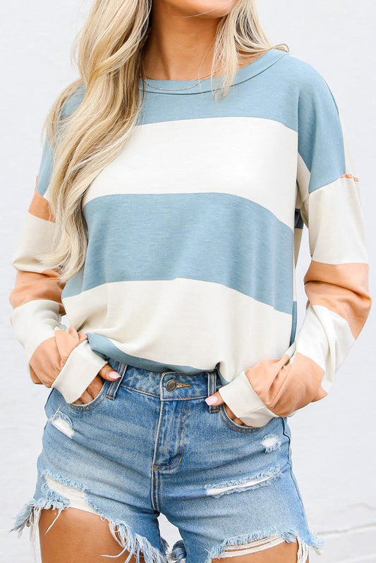 Light  Striped Drop Shoulder Long Sleeve Top