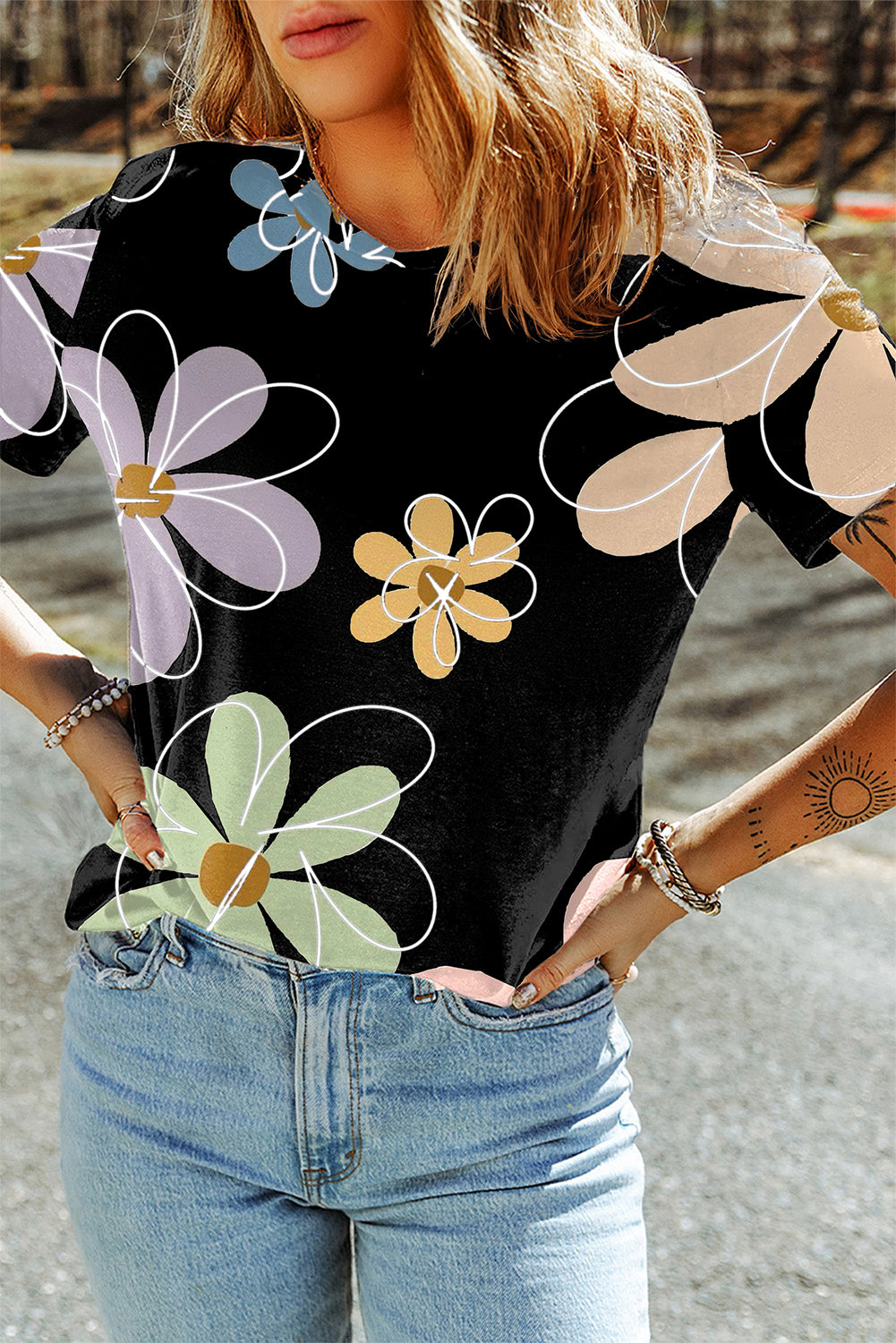 Black Summer Flower Print T Shirt