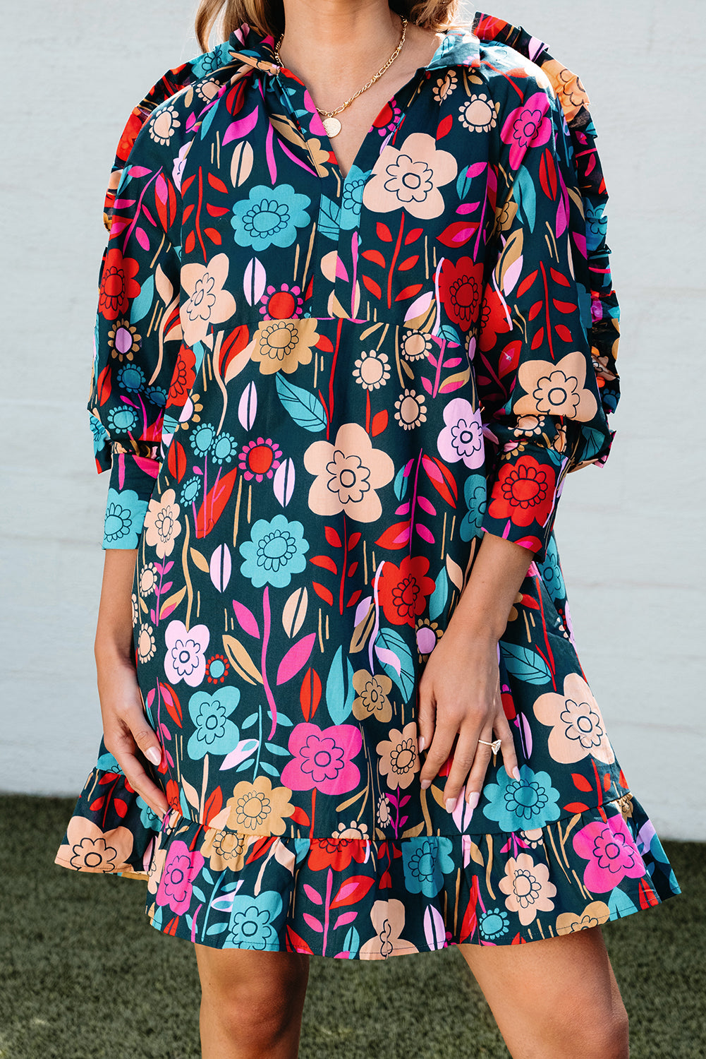 Green Floral Ruffled Sleeve Dress