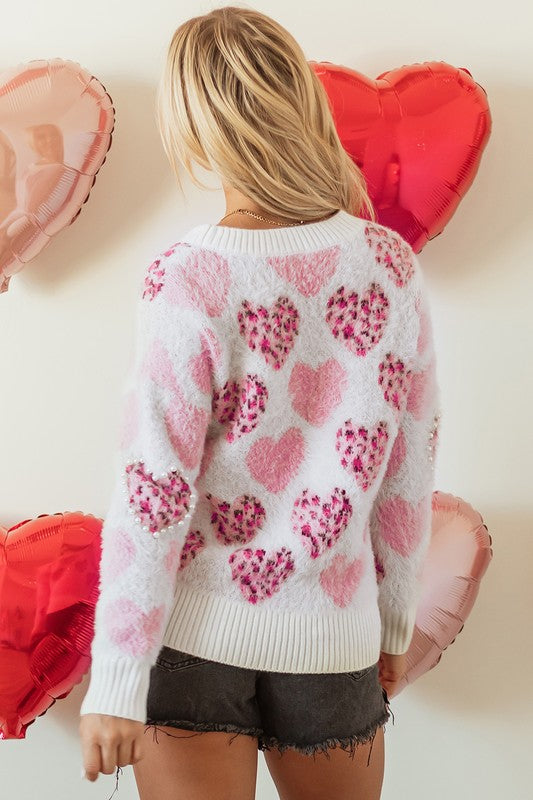 Pink Heart Leopard Print Pearled Sweater