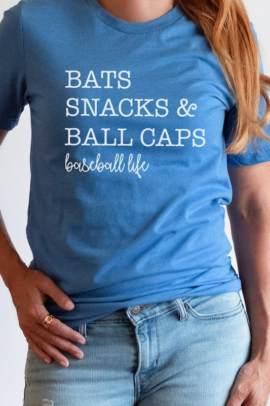 Bats Snacks and BallCaps Baseball Life Graphic Tee