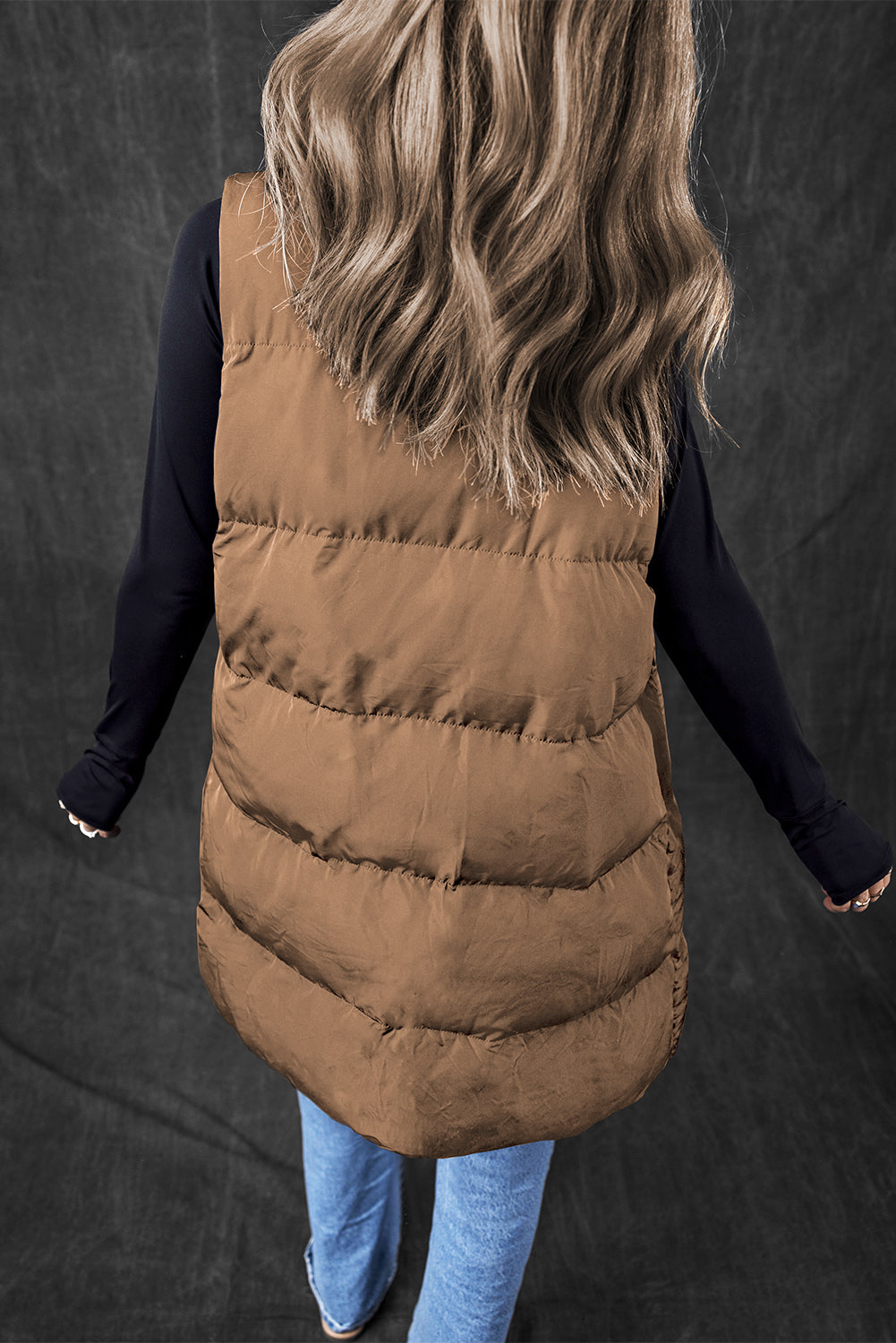 Coffee Windproof Longline Full Zipper Puffer Vest