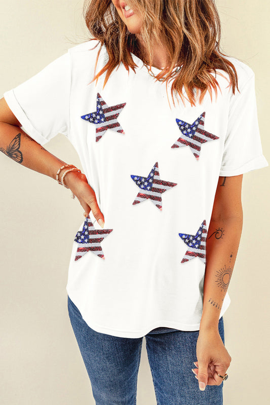 White Sequined American Flag Star Tee