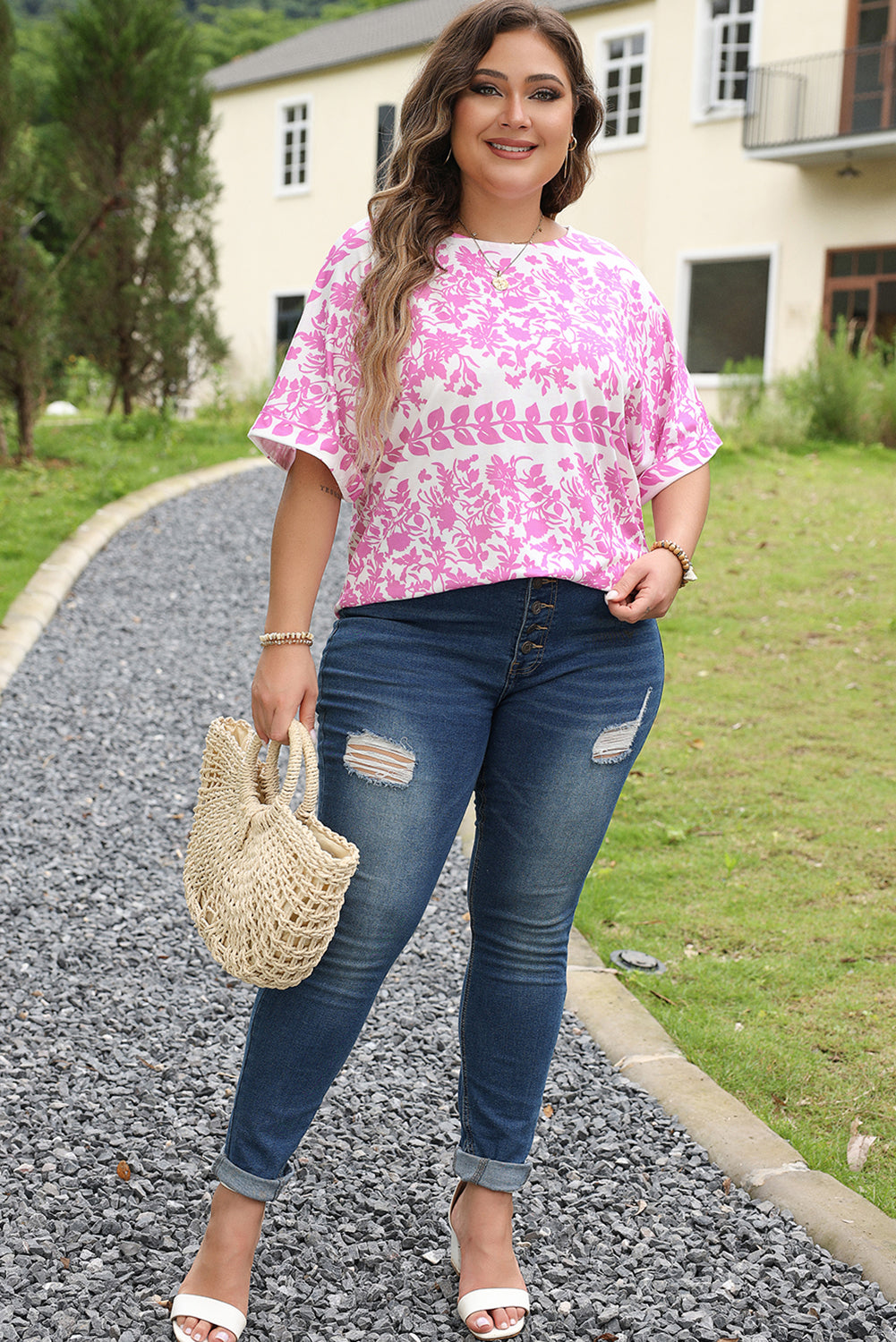 White Floral Curved Hem Tee - PLUS