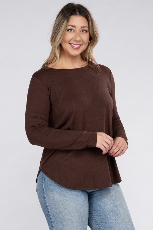 Long Sleeve Round Neck Round Hem Top - PLUS