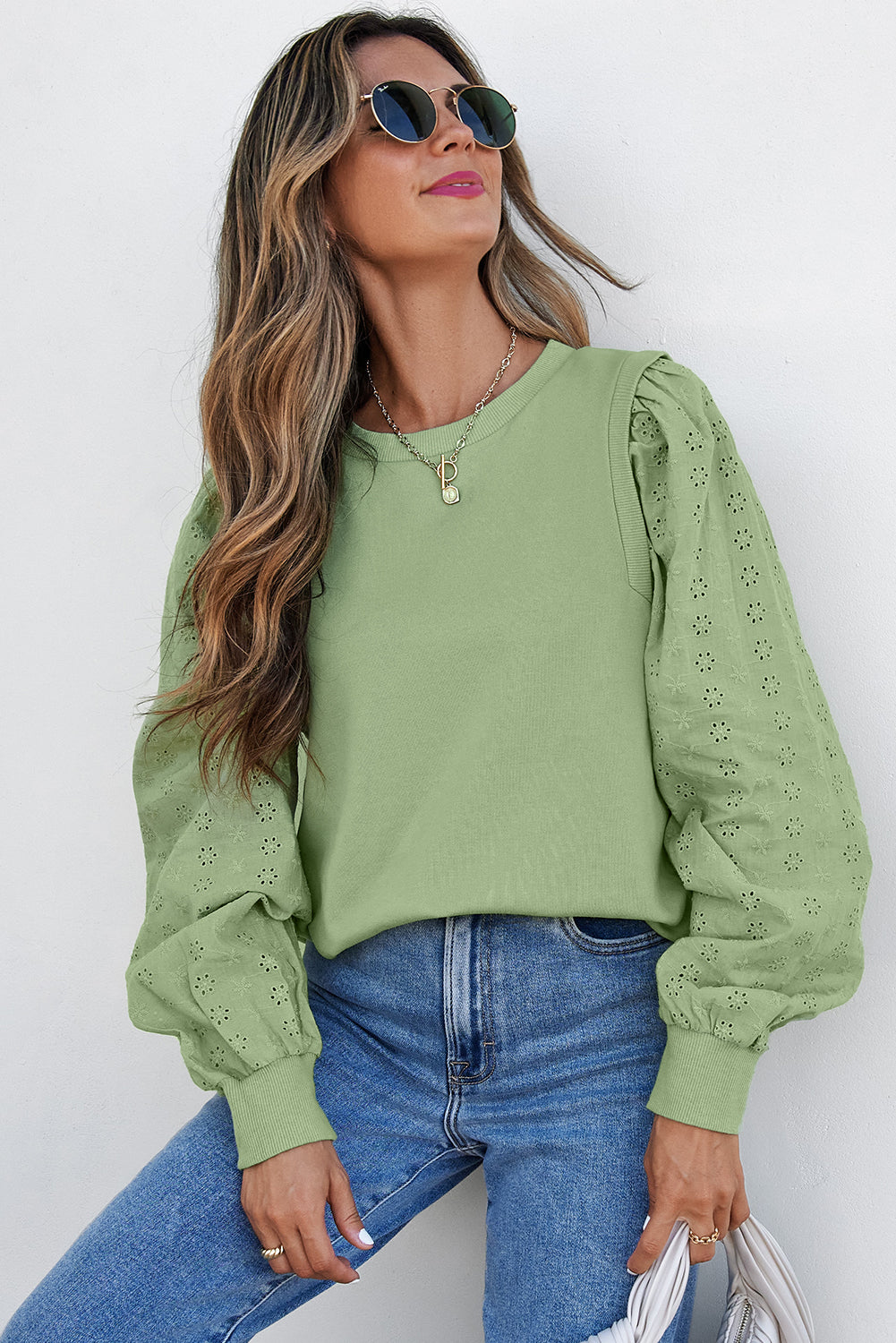 Mist Green Solid Patchwork Sweatshirt