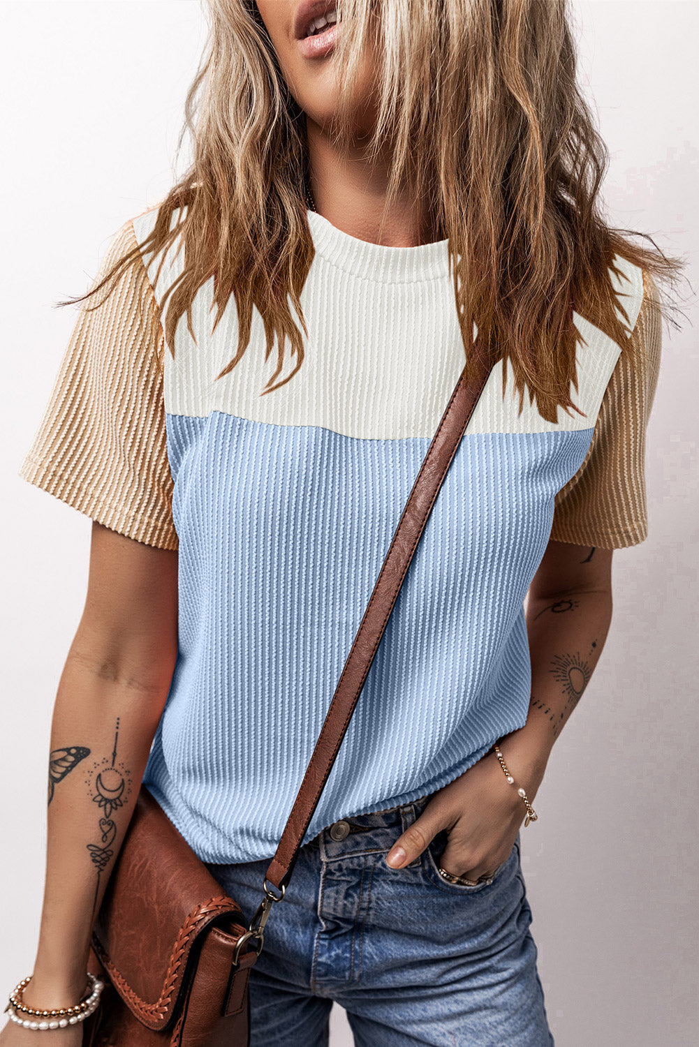 Light Blue Rib Textured Colorblock Tee