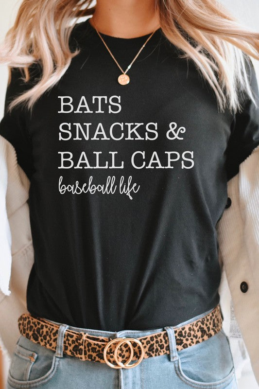 Bats Snacks and BallCaps Baseball Life Graphic Tee