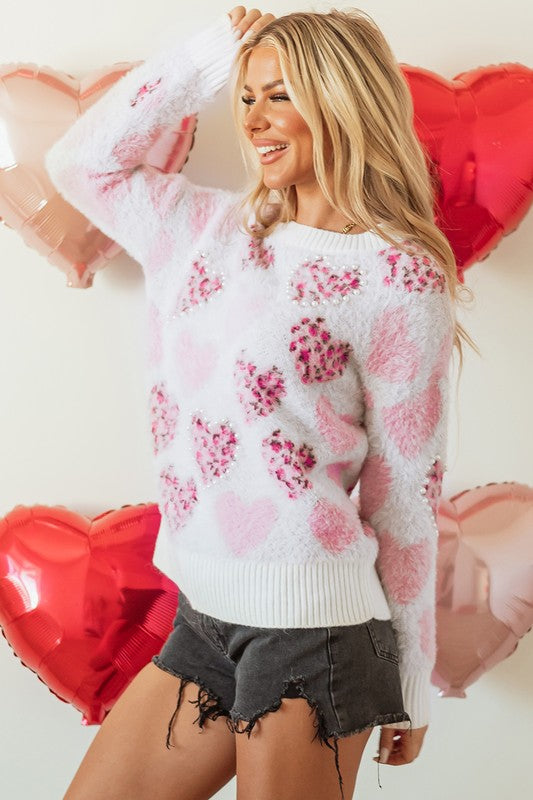 Pink Heart Leopard Print Pearled Sweater