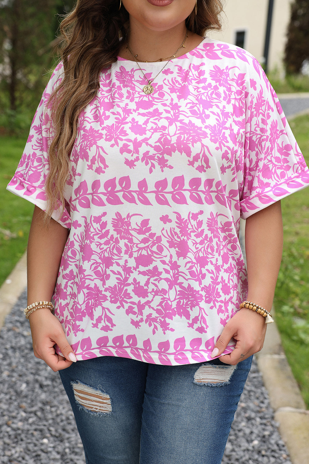 White Floral Curved Hem Tee - PLUS