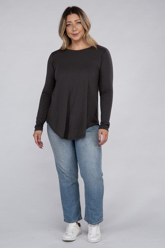 Long Sleeve Round Neck Round Hem Top - PLUS