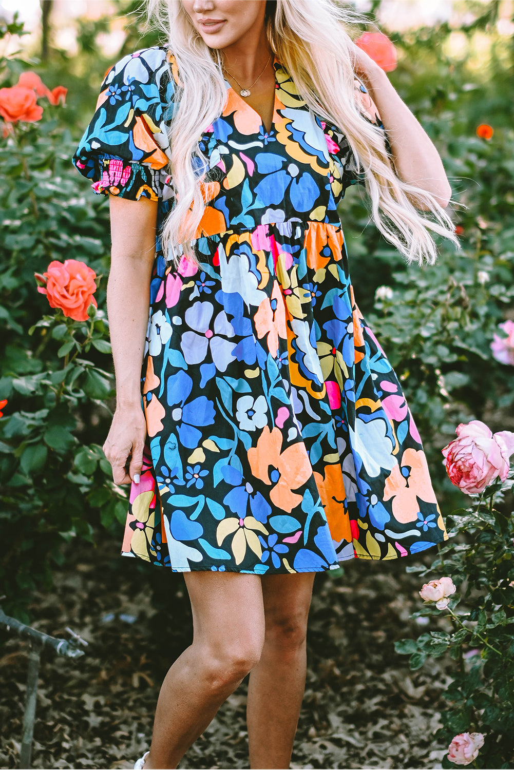 Blue Floral Flared Dress