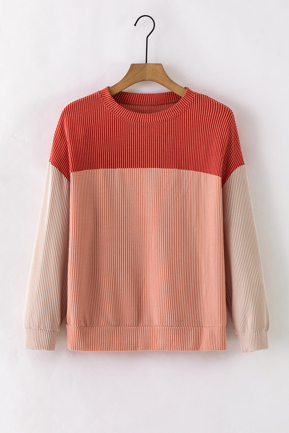 Red Color Block Long Sleeve Ribbed Loose Top