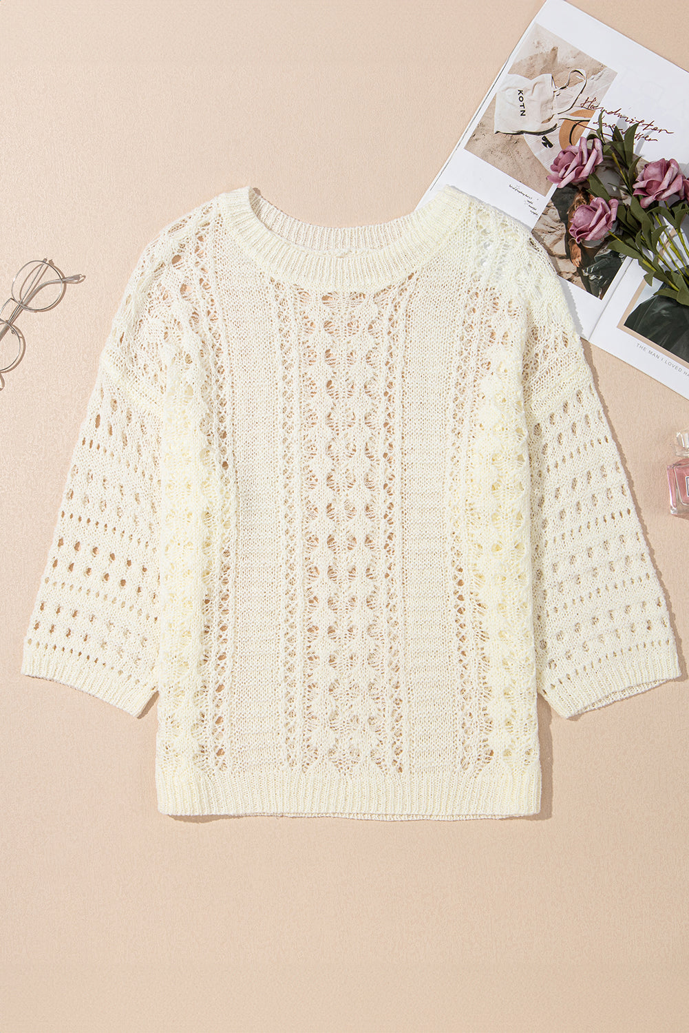 White Hollow Out Knit Bracelet Sleeve Drop Shoulder Sweater