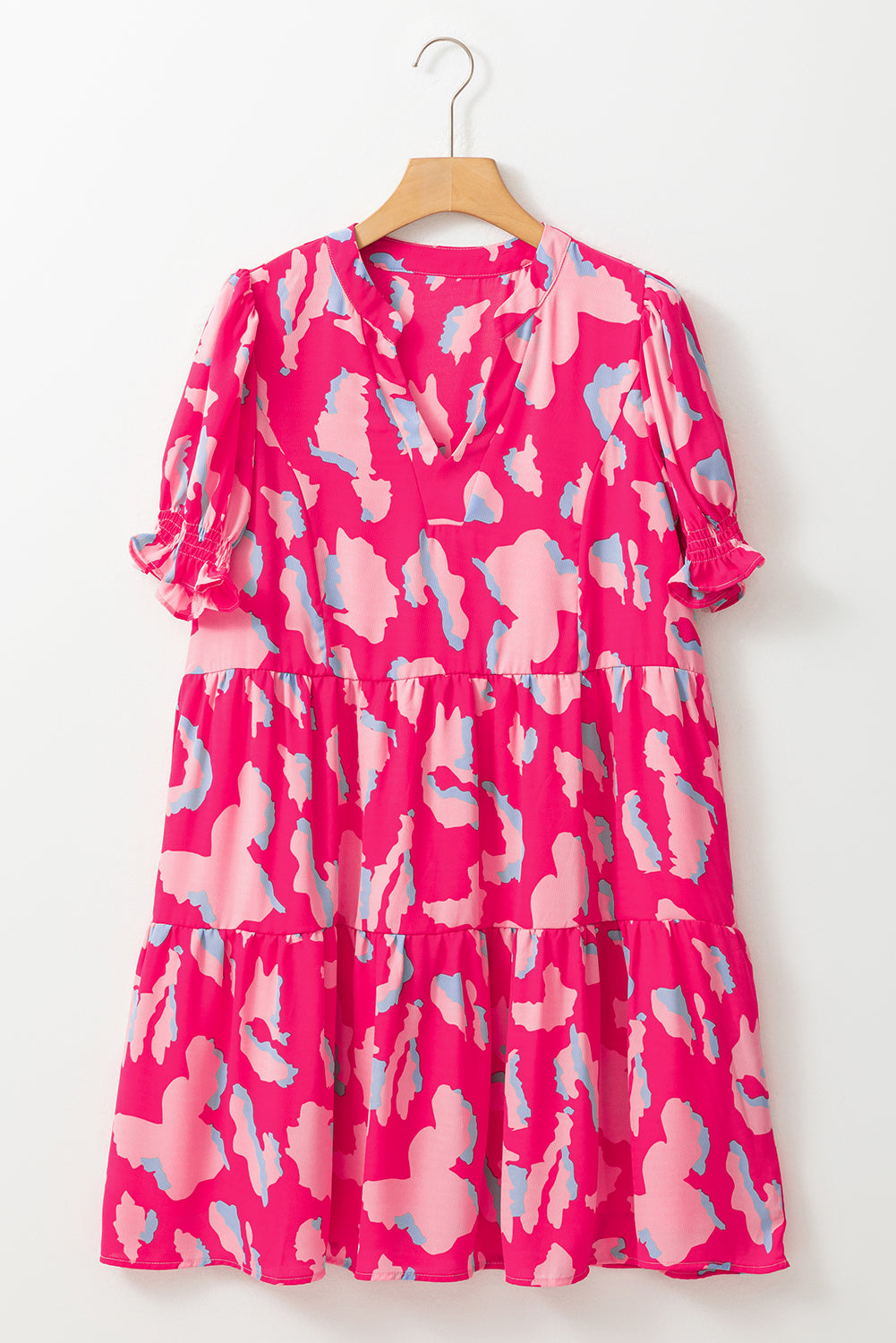 Pink Printed Puff Short Sleeve Loose Dress