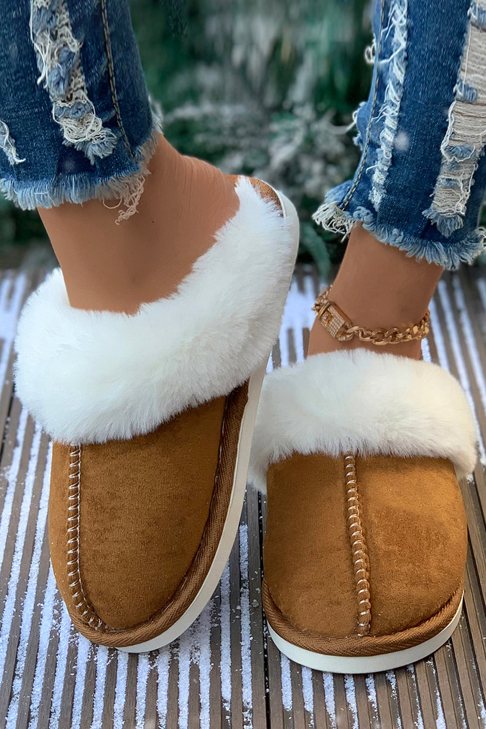 Camel Plush Suede ContrastWinter Home Slippers