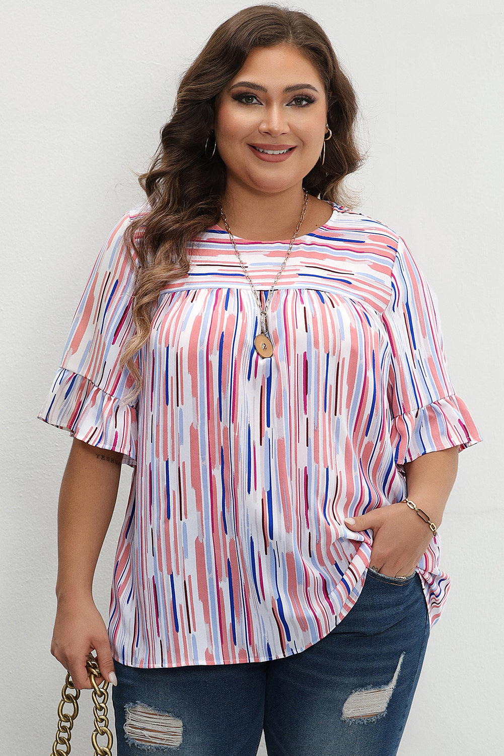 White Stripe Ruffled Blouse - PLUS