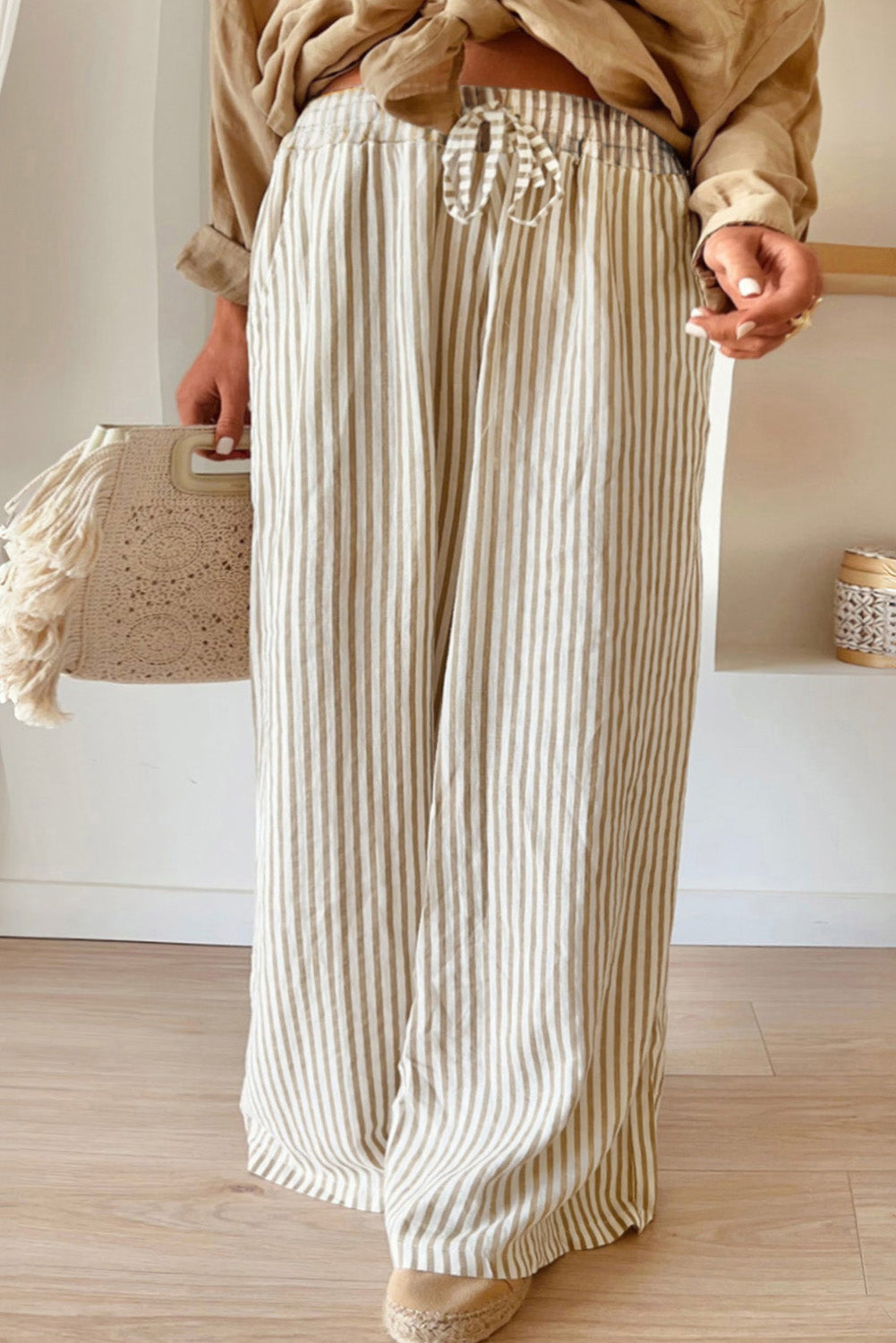 Khaki Stripe Plus Size Wide Leg Pants