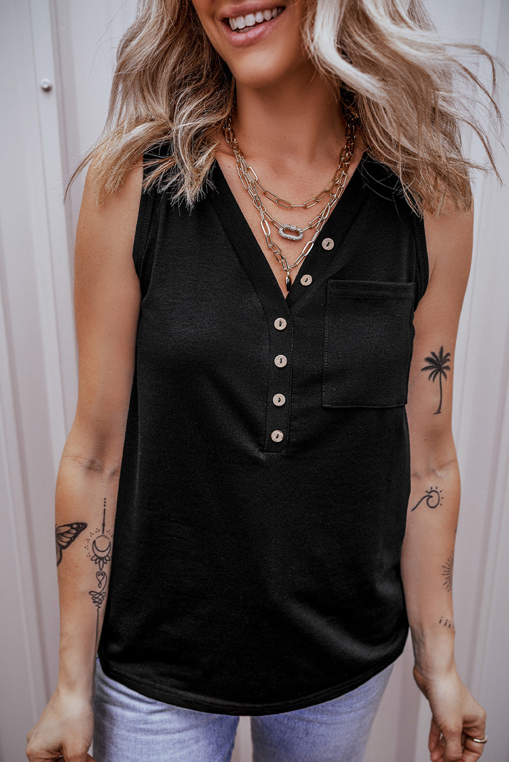 Black Half Button Tank