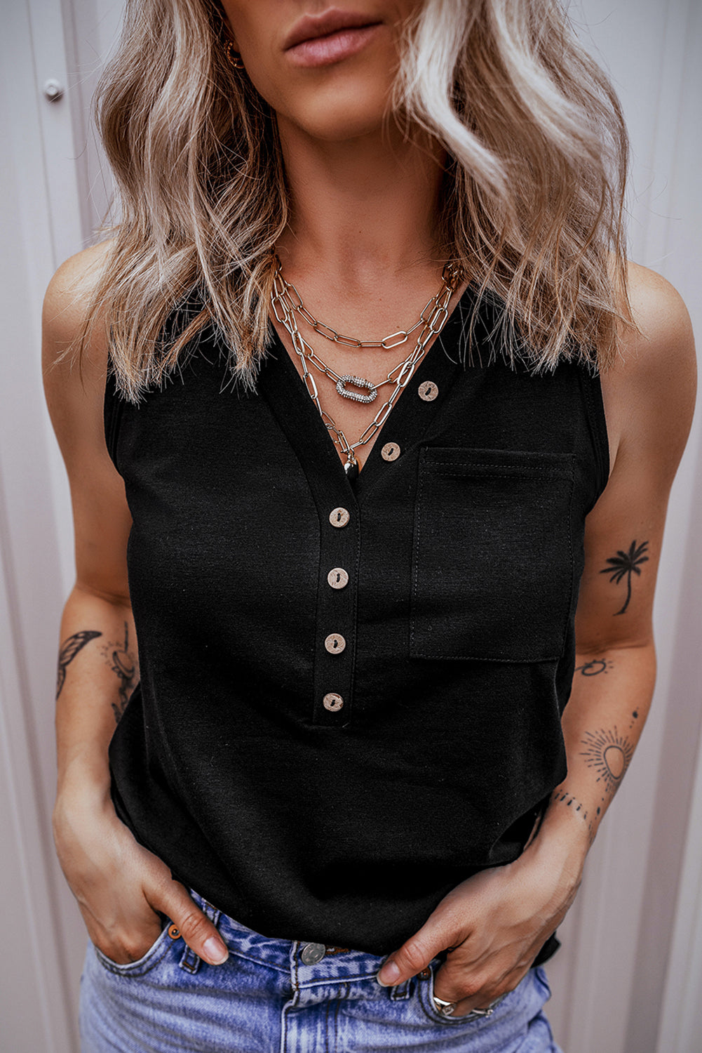 Black Half Button Tank