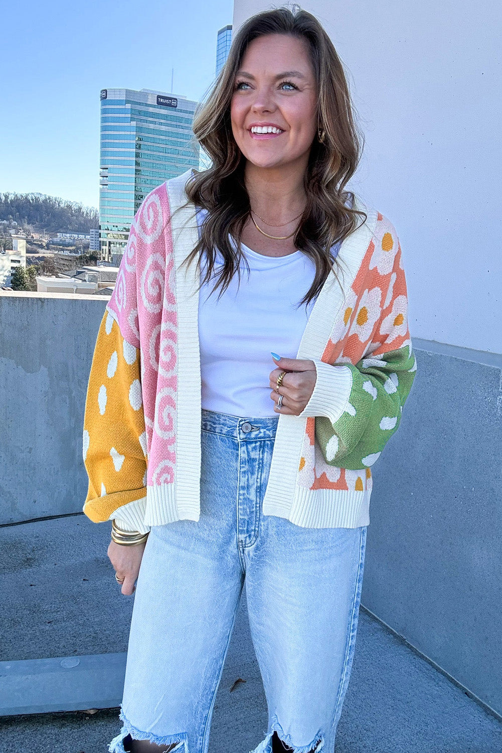 Orange Flower & Dotted Mixed Print Cardigan