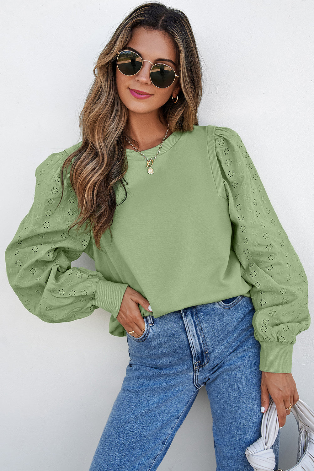 Mist Green Solid Patchwork Sweatshirt