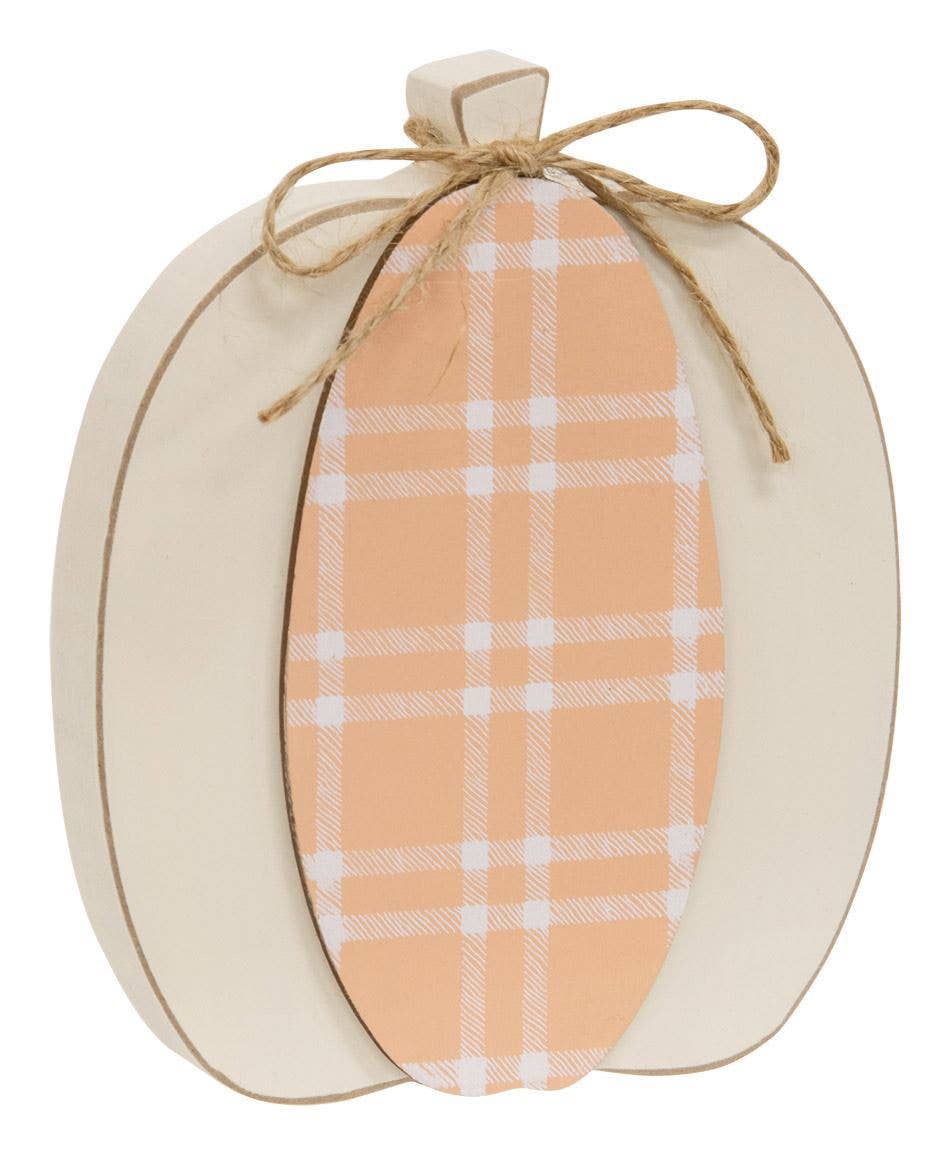 Cream & Orange Plaid Wooden Pumpkin Sitter, 2 Assorted