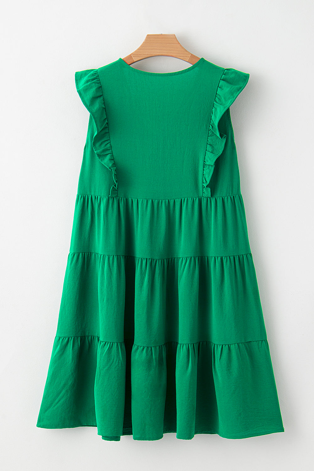 Bright Green Solid Color V Neck Ruffle Dress