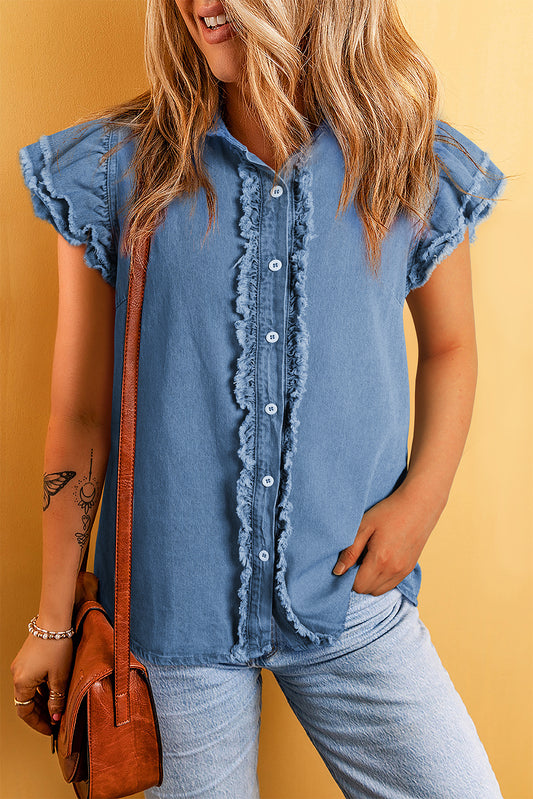 Blue Button Ruffled Denim Top