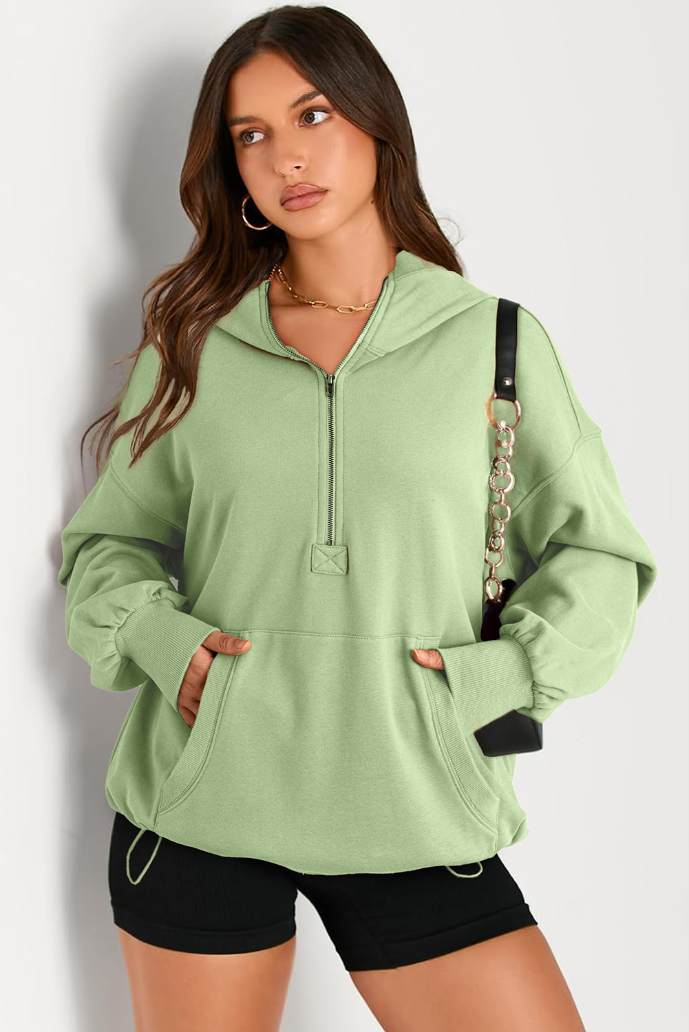 Bonbon Solid Kangaroo Pocket Half Zipper Oversized Hoodie