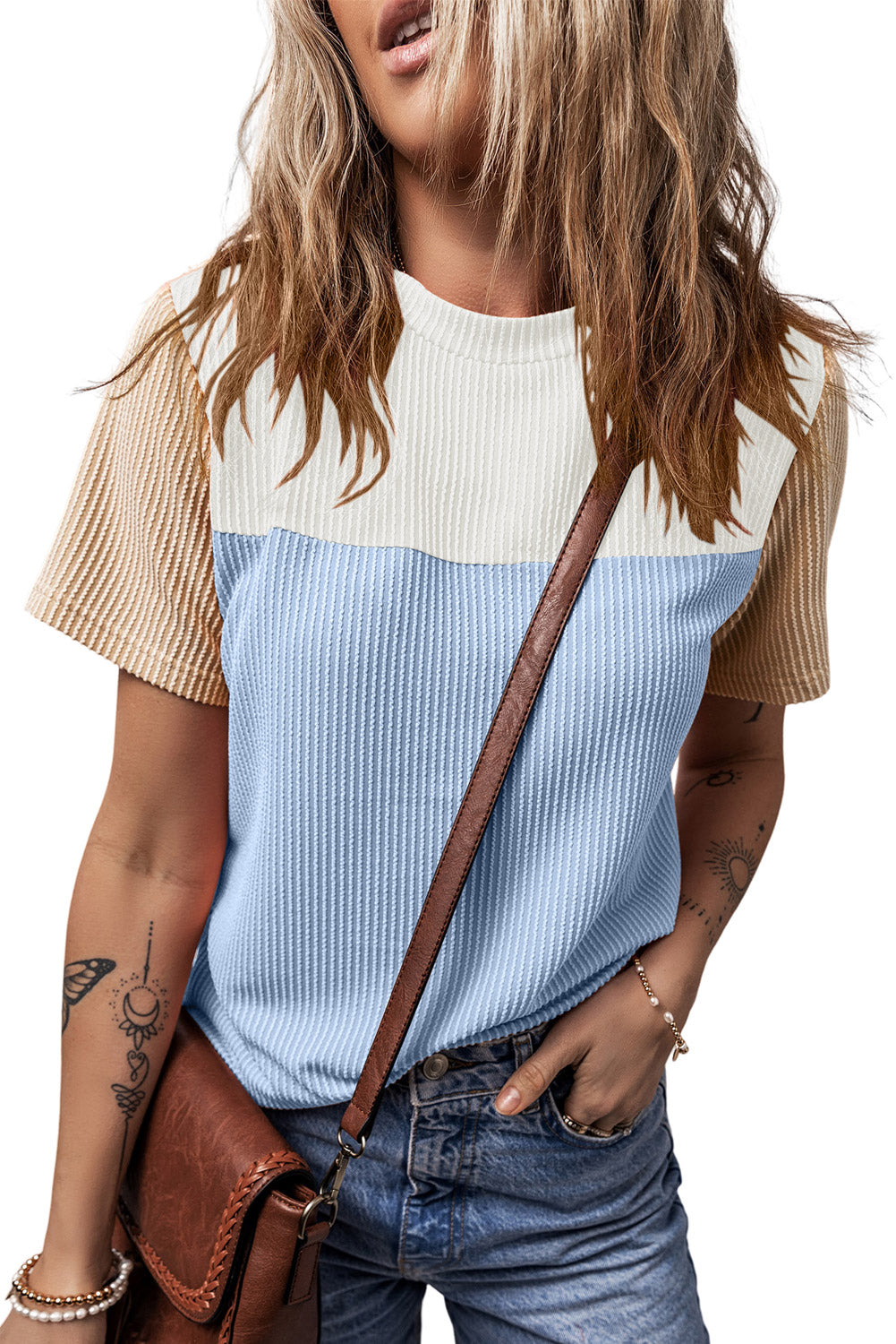 Light Blue Rib Textured Colorblock Tee