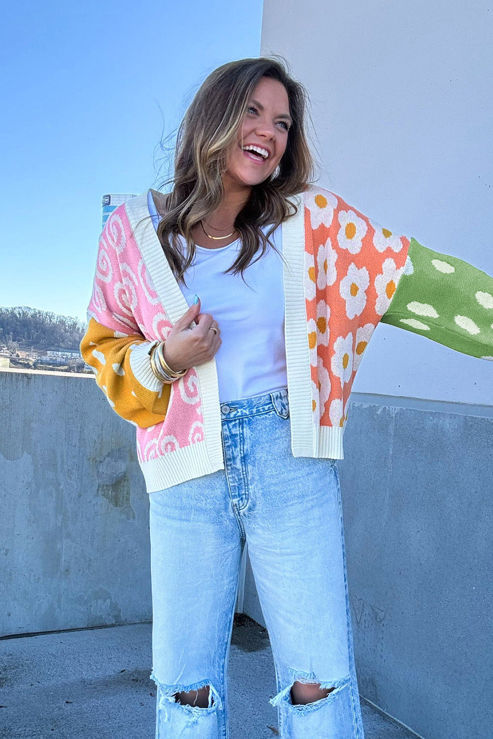 Orange Flower & Dotted Mixed Print Cardigan