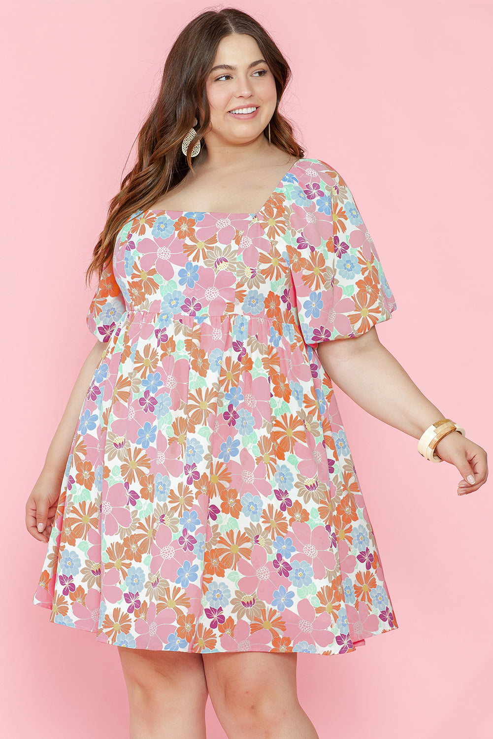 Multicolour Floral Puff Sleeve Dress - PLUS