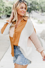 Load image into Gallery viewer, Grapefruit Orange Color Block Buttoned Raw Hem Textured Shirt
