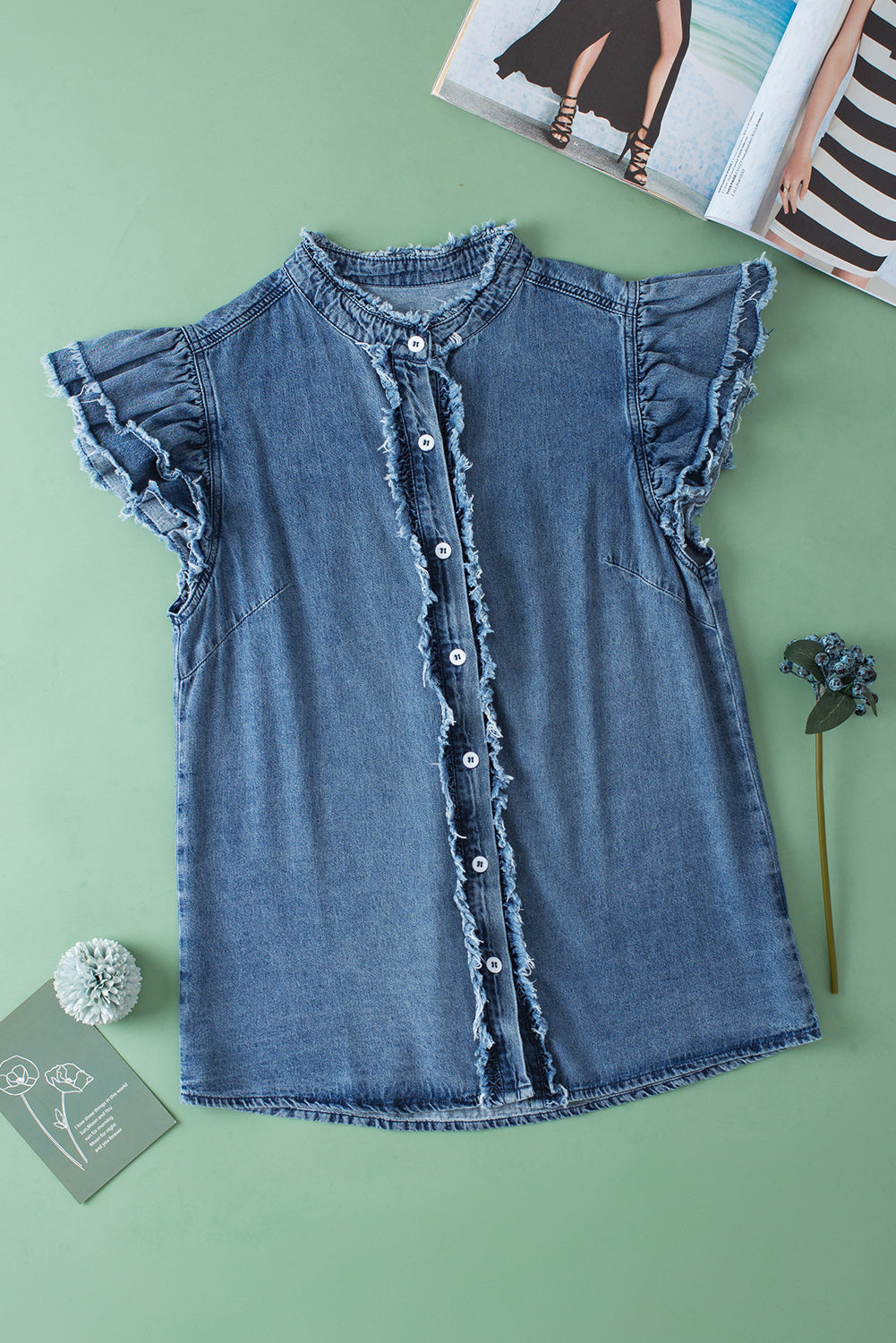 Blue Button Ruffled Denim Top