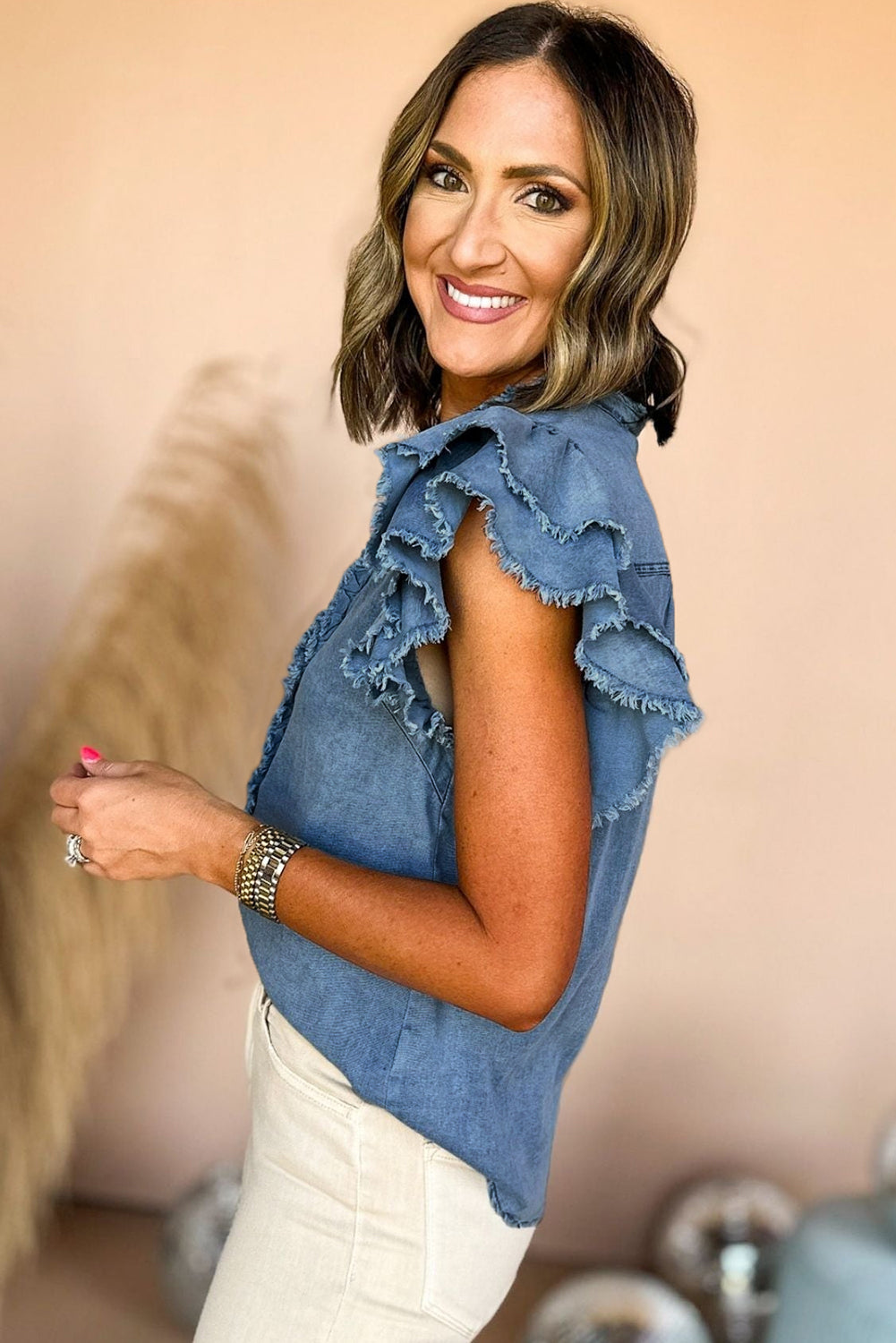 Blue Button Ruffled Denim Top