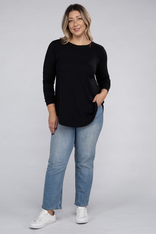 Long Sleeve Round Neck Round Hem Top - PLUS