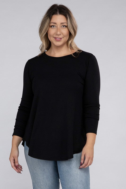 Long Sleeve Round Neck Round Hem Top - PLUS