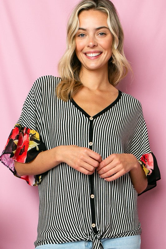 STRIPE FLORAL MIXED RUFFLE TOP