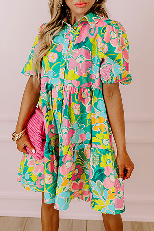 Green Floral Puff Sleeve Dress