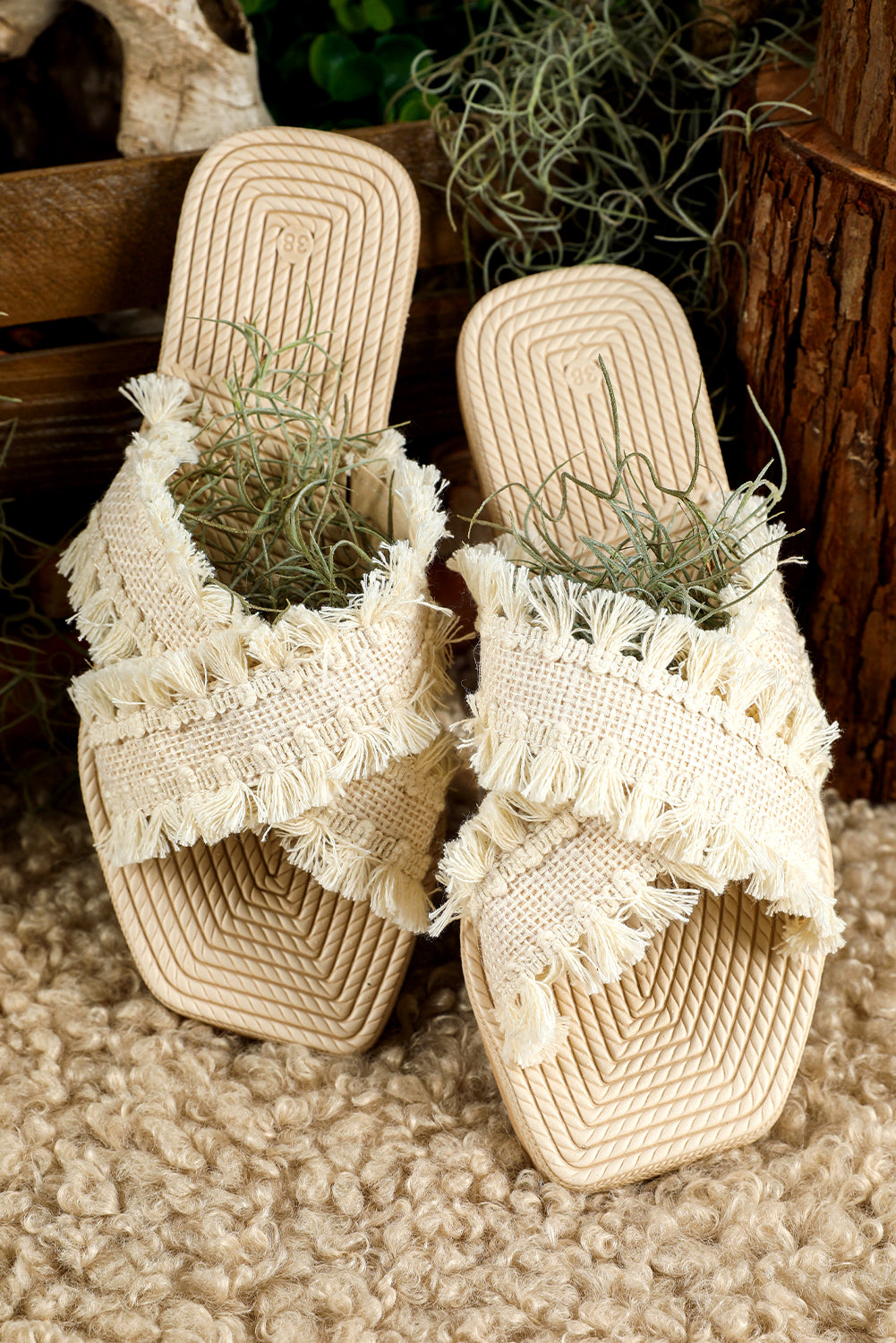 Beige Tassel Woven Crossed Straps Flat Slippers