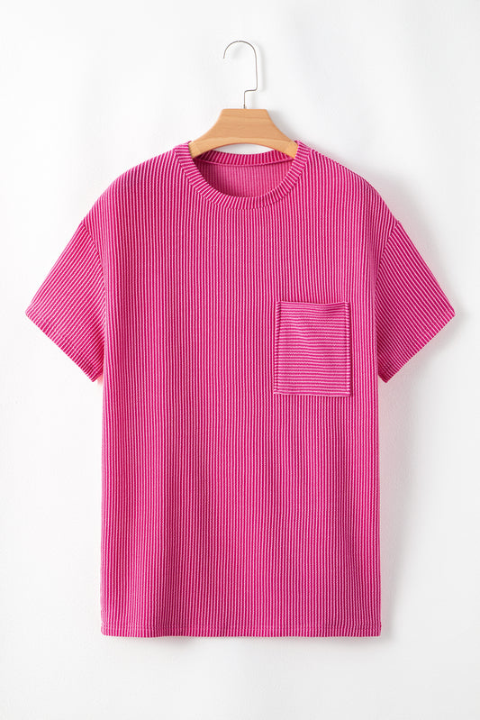 Pink Corded Knit Pocketed Loose Fit T Shirt