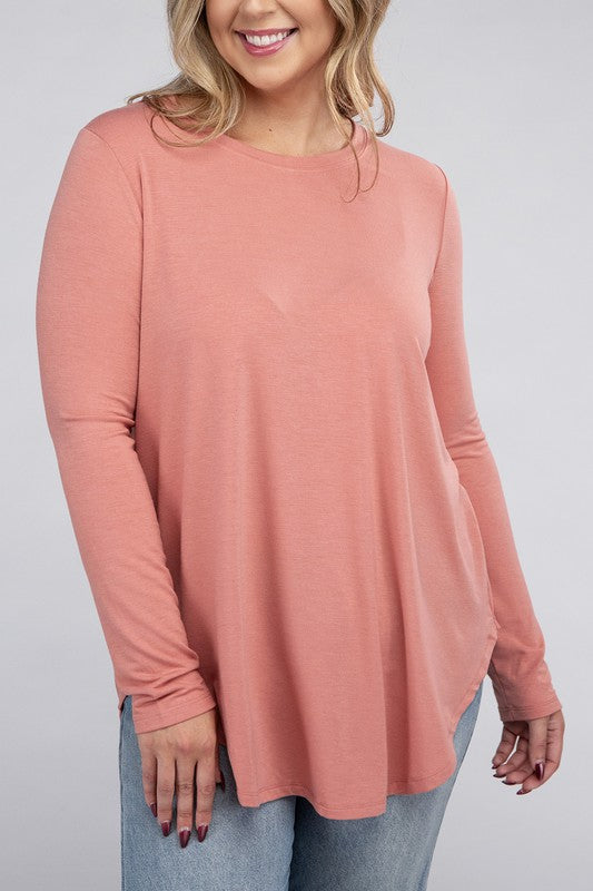 Long Sleeve Round Neck Round Hem Top - PLUS