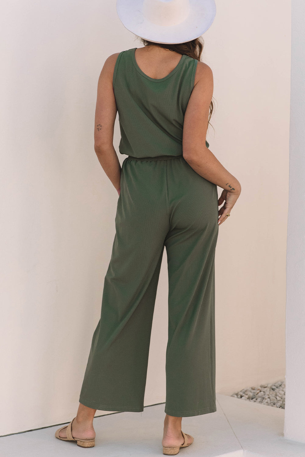 Vineyard Green Buttoned Drawstring Waist Sleeveless Wide Leg Jumpsuit