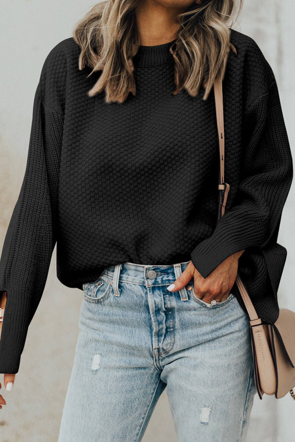 Black Solid Textured Knit Sweater