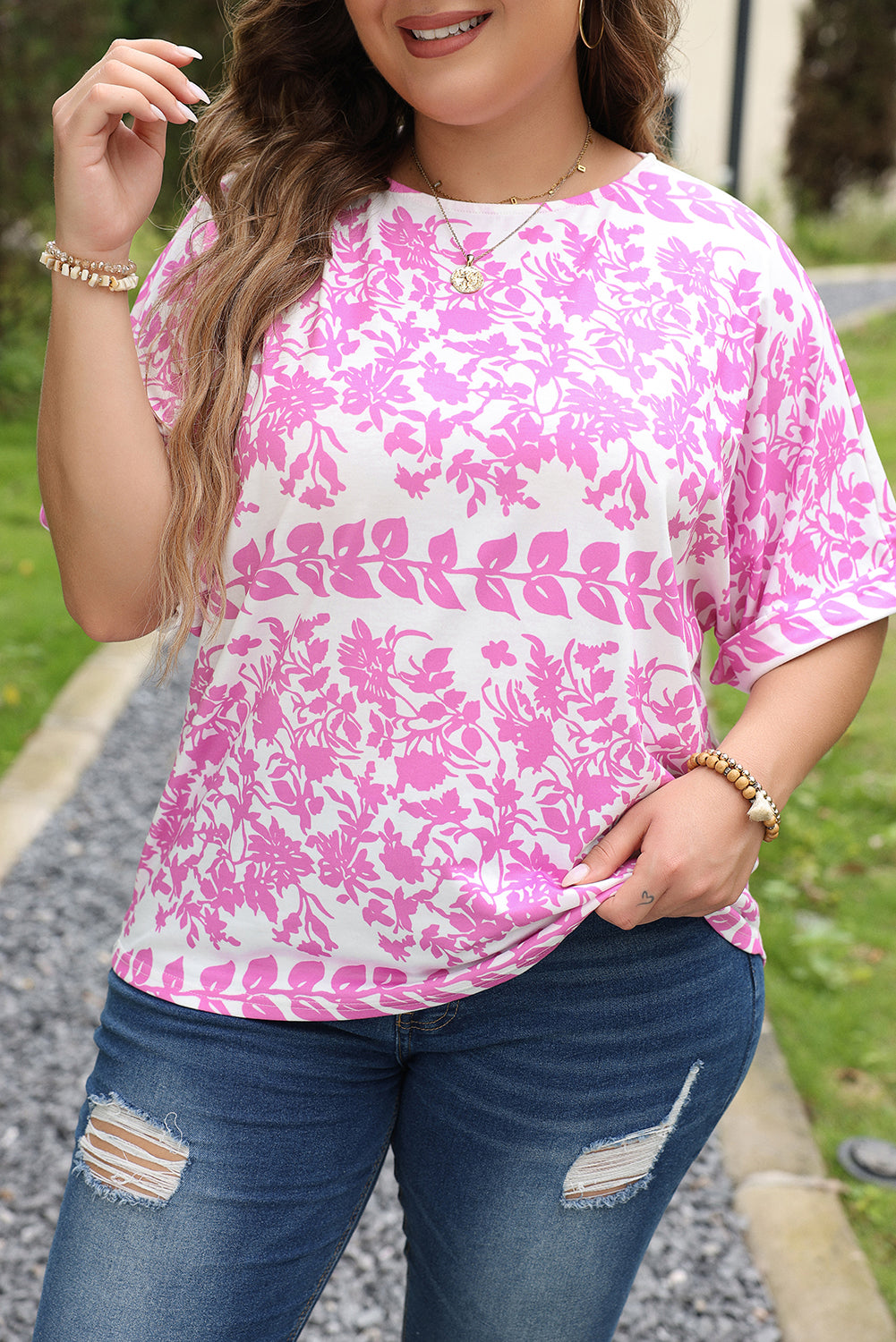 White Floral Curved Hem Tee - PLUS