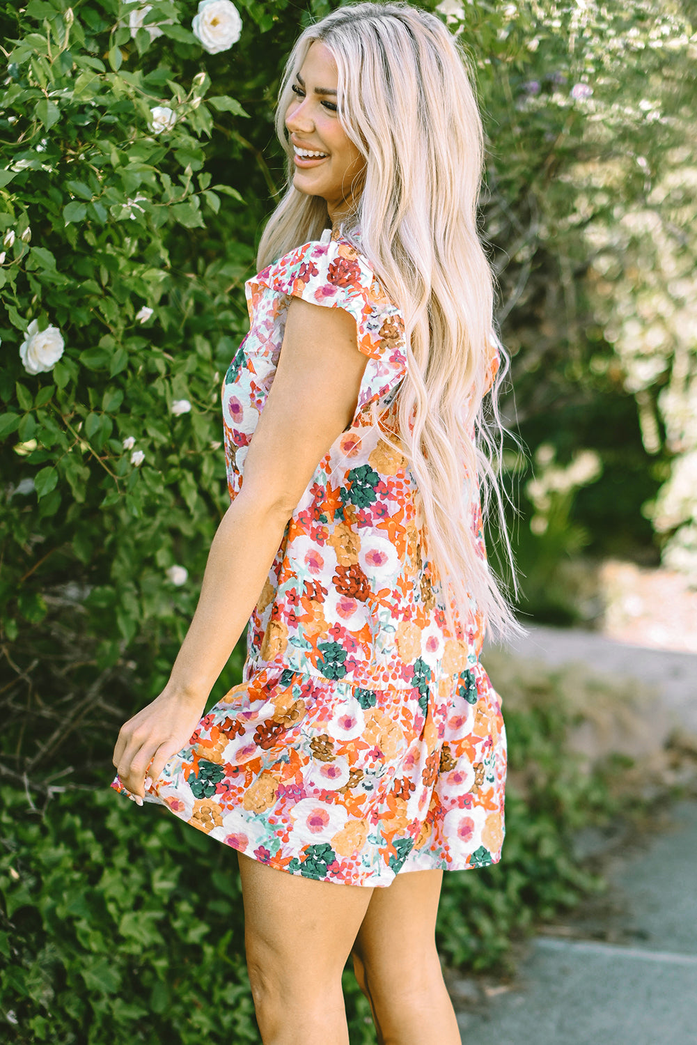 Purple Floral Print  Sleeve Dress