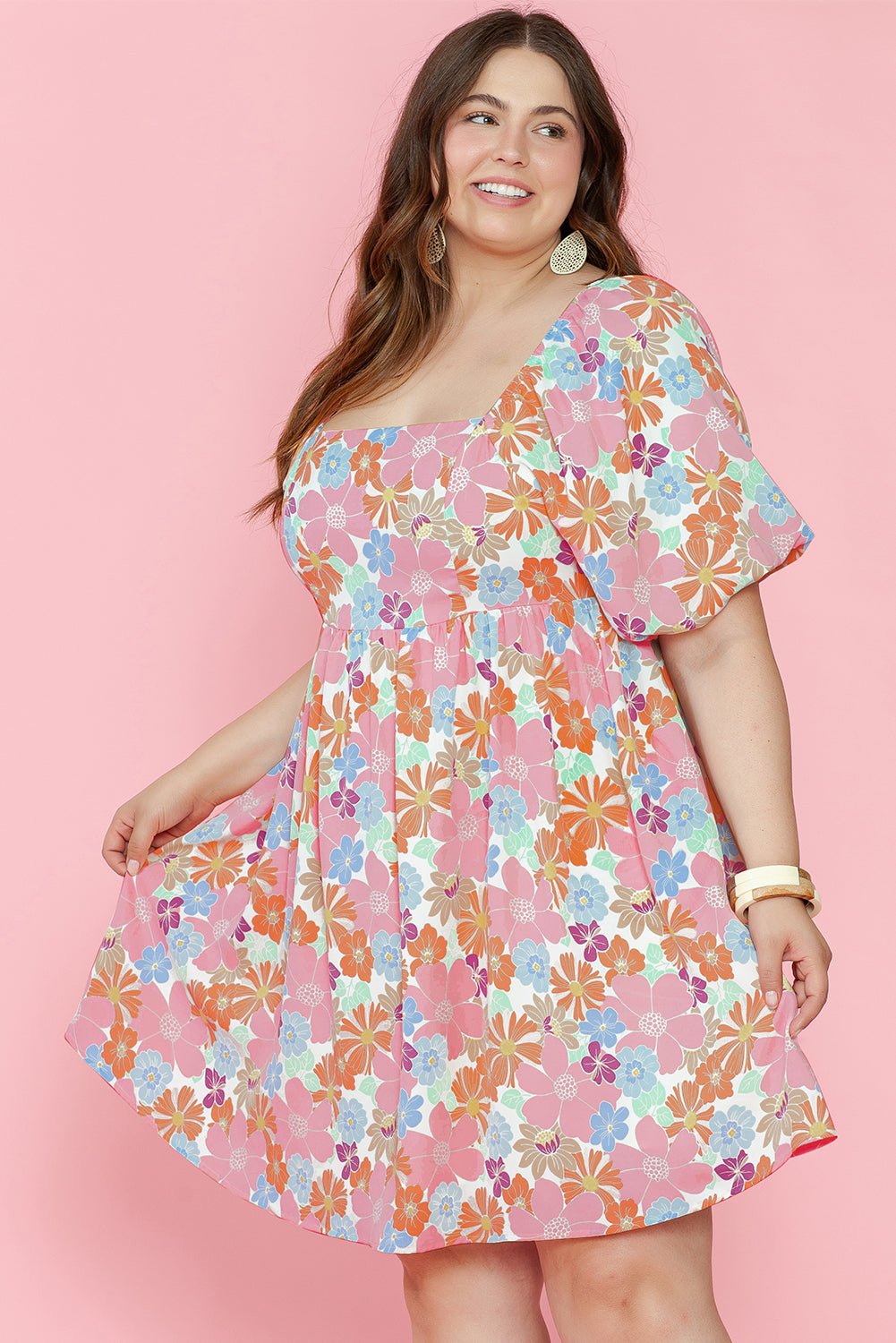 Multicolour Floral Puff Sleeve Dress - PLUS